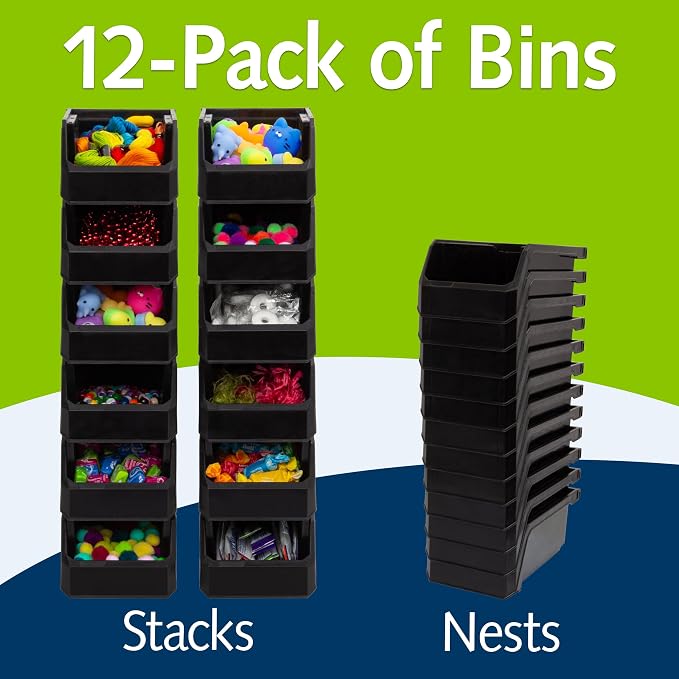 Small Stackable Plastic Storage Bins, 12-Pack, Black | Open-Front Stackable Bins For Garage, Pantry, Closet & Office, 7"L X 4"W X 3"H, Nests When Empty, Durable Plastic, - Image 3