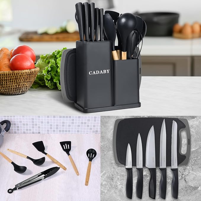 19 PCS Black Kitchen Cooking Utensils Set Kitchen Tools Set | 6 Stainless Steel Knives, 11 Silicone Utensils with 1 Cutting Board, Ideal for Apartment - Image 9