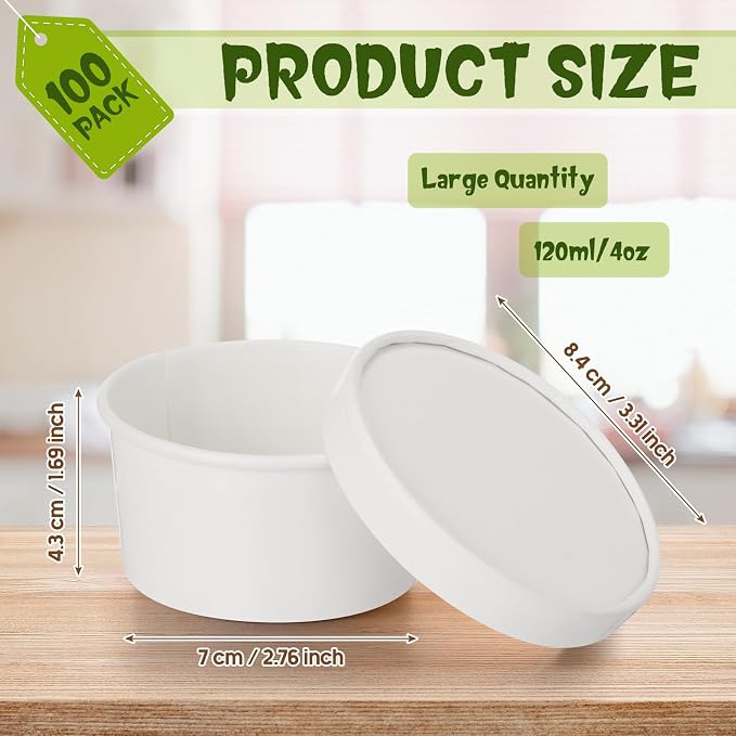 Fulmoon 100 Pack Paper Soup Containers with Lids Disposable Paper Food Containers with Vented Lid Kraft Ice Cream Cake Dessert Cups Soup Bowl for Party Hot Food Fruit Microwave(4 oz,White) - Image 2