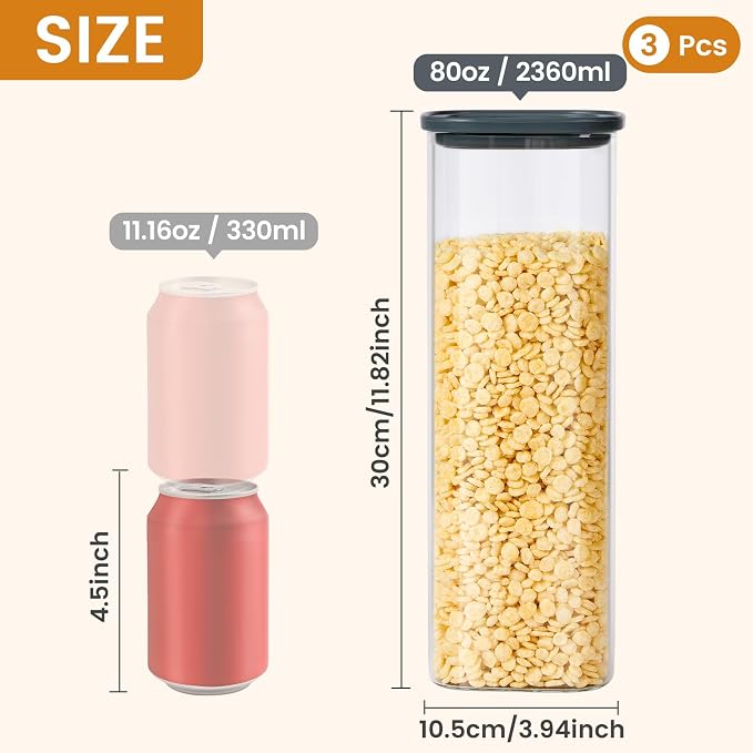 Glass Storage Jars with Lids, 2.5 Qt 3 Pack | Borosilicate Glass, Glass Lid, Large Capacity Glass Food Storage for Pasta, Flour, Cereal, Cookies, Nuts, Coffee - Image 2