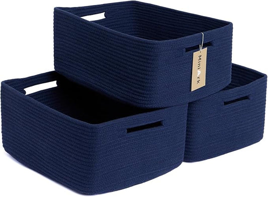 MiniArk Large Storage Baskets for Shelves, 17 x 13 x 7.5” Closet Organizers Bins for Clothes Blanket Towels, Baby Nursery, Toy Baskets Box, Woven Rope Baskets, 3 Packs Navy Blue by MiniArkStorageBasketsHome
