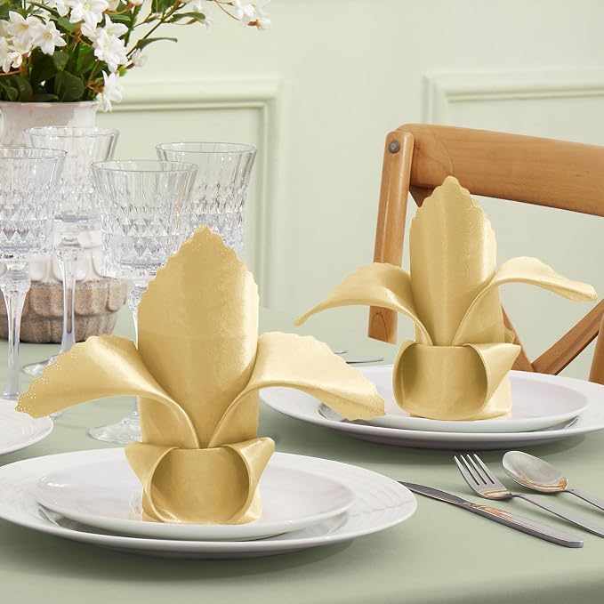 VACVELT 100 Pack Gold Scalloped Satin Napkins 17x17 Inch Wedding | Scalloped Floral Edges With Silky Smooth Finish, Seamless Design, Machine Washable Wrinkle And Fade Resistant - Image 2