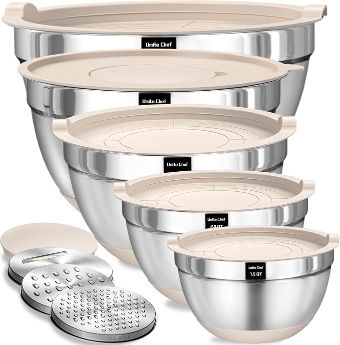 Umite Chef Mixing Bowls with Airtight Lids Set, 8PCS Stainless Steel Nesting Bowls with Grater Attachments, Non-Slip Bottoms, 5, 4, 3.5, 2, 1.5QT for Mixing & Serving by UmiteChef