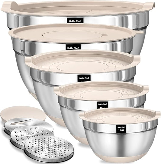 Umite Chef Mixing Bowls with Airtight Lids Set, 8PCS Stainless Steel Nesting Bowls with Grater Attachments, Non-Slip Bottoms, 5, 4, 3.5, 2, 1.5QT for Mixing & Serving by UmiteChef