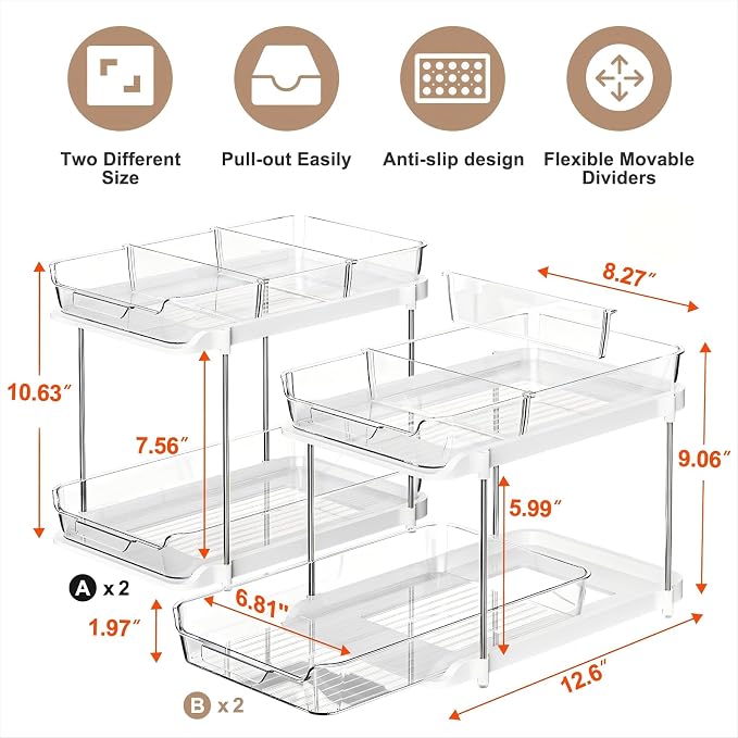 Delamu 2-Tier Multi-Purpose Bathroom Under Sink Organizers and Storage, Stackable Kitchen Pantry Organization, Pull Out Medicine Cabinet Organizer with Movable Dividers, White, 4Pack - Image 2