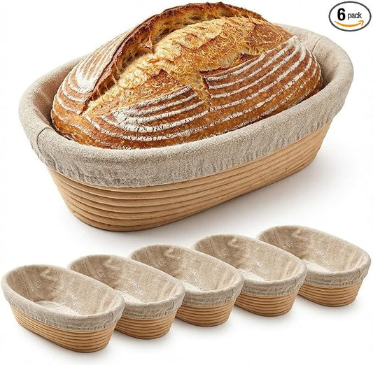 6 Pack Oval Banneton Proofing Basket Set 10 Inch, Natural Rattan Sourdough Bread Baskets with Linen Liners, Dough Baking Bowls for Professional & Home Bakers (10" Oval -6 Pack) by Unknown