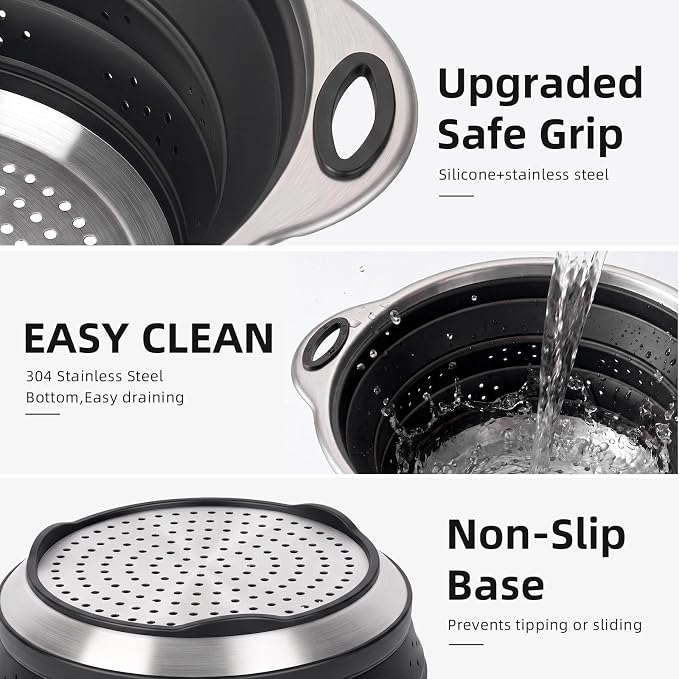 Collapsible Colander Set with Silicone Mat,2-in-1 Stainless Steel Colander for Kitchen, Foldable Metal Colander, Space-Saving for Pasta Veggies Fruit(Black) - Image 8