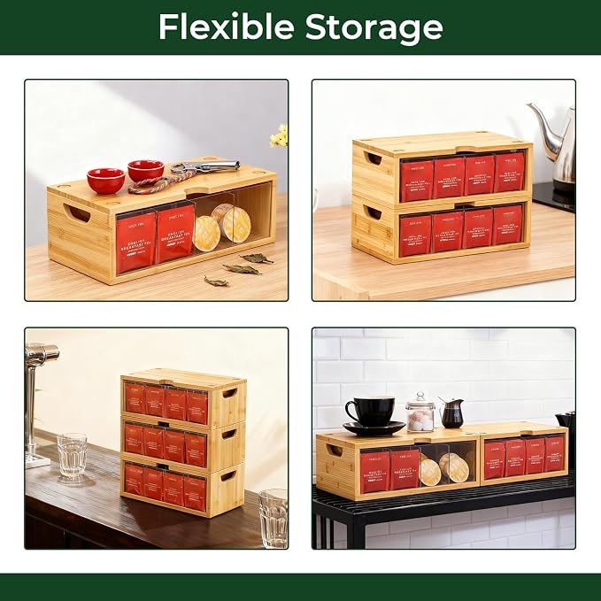 Bamboo Stackable Tea Bag Organizer, 2-Piece | Large Capacity, Box Set - Image 7
