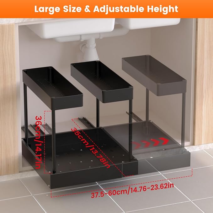 Expandable Under Sink Organizers and Storage,Width Adjustable (14.9-23.6IN),No Drill 2-Tier Pull Out Under Cabinet Organizer for Kitchen Bathroom Laundry (black) - Image 2