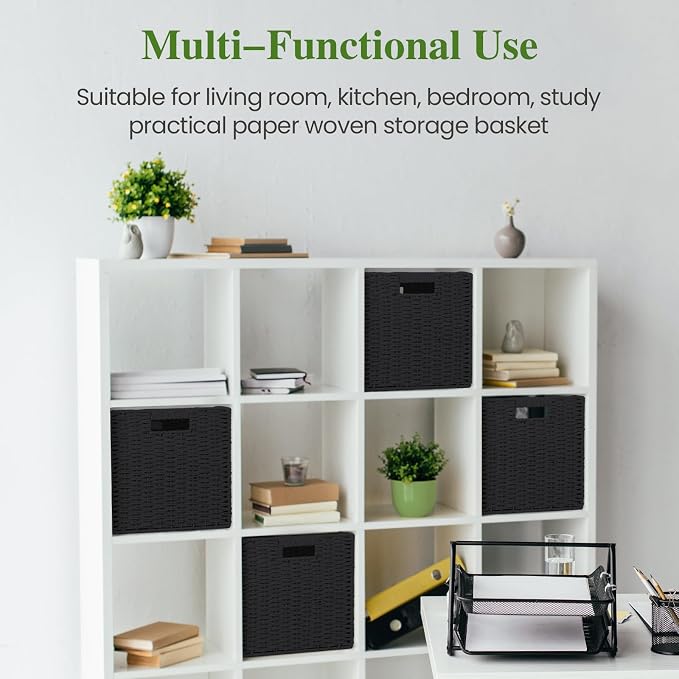 Patvingot 11-Inch Paper Rope Wicker Basket with Built-In Handles,4 Pack | For books, throws and accessories on open shelves, decorative woven texture, metal frame supports the shape, folds flat - Image 6