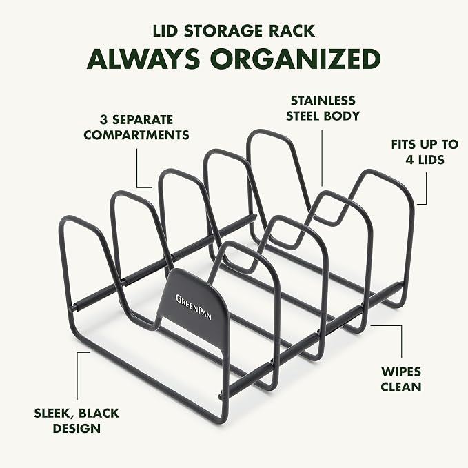 GreenPan Stainless Steel Wire Pots and Pans Lid Storage Rack, Holds 4 Lid Covers, Easy Storage, Countertop or Cabinent Organizer, Minimizes Clutter, Fast Drying, Wipes Clean, Black - Image 4