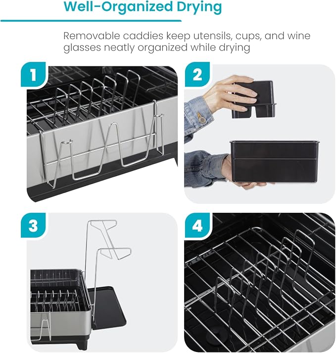 Home Zone Living Dish Drying Rack for Kitchen Counter | Stainless Steel with Drip Tray, Extendable Water Drainage Pipe, and Holders for Utensils, Wine Glasses and Cutting Board - Image 4