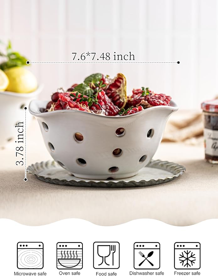 Gomakren Fruit Basket Set of 2, Ceramic Fruit Bowl Berry Basket with Holes, 7.6 Inch Fruit Containers Colander for Fridge - Farmhouse Kitchen Decor, White - Image 3