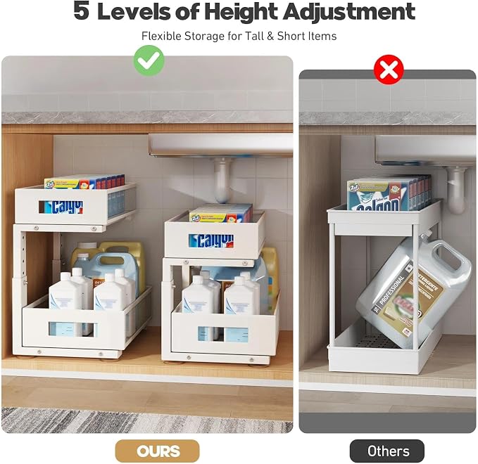 Under Sink Organizer, 2-Tier Dual Pull Out Cabinet Organizer Drawers With Smooth Circular Rail, Large Capacity Metal Mesh Sliding Shelves For Bathroom& Kitchen Storage,Height Adjustable–White,1 Pack - Image 8