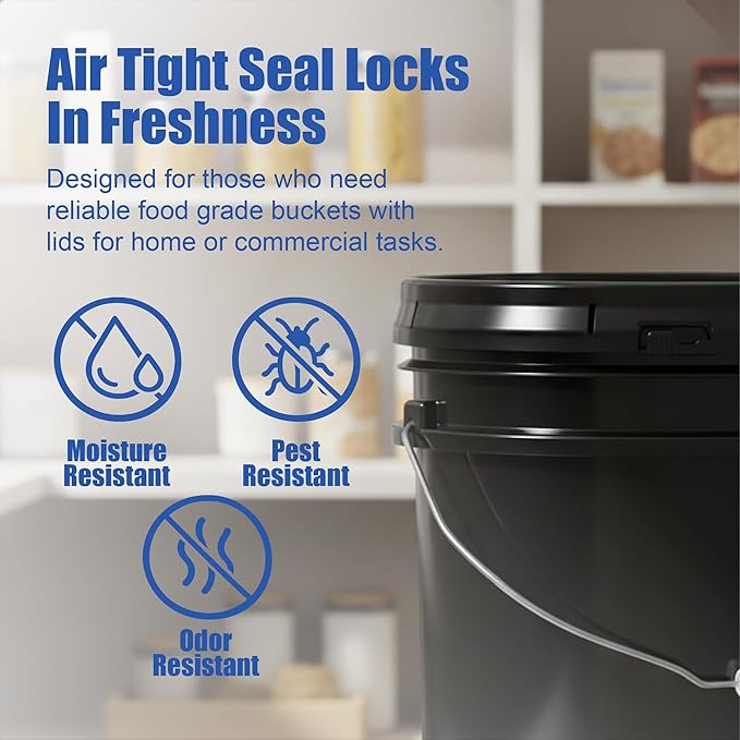 5 Gallon Bucket - Food Grade w/Lid BPA-Free, 1 Pack - Black | Airtight Gasketed Tear Strip Lid, Heavy-Duty 90 Mil HDPE Plastic Pail, Bulk Storage, Food Safe Durable Container, Made in USA - Image 5