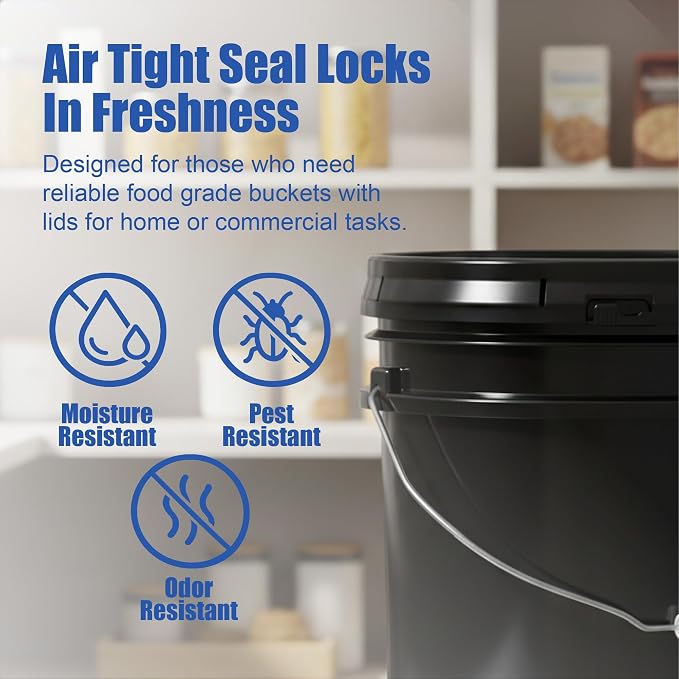 5 Gallon Bucket - Food Grade w/Lid BPA-Free,12 Pack - Black | Airtight Gasketed Tear Strip Lid, Heavy-Duty 90 Mil HDPE Plastic Pail, Bulk Storage, Food Safe Durable Container, Made in USA - Image 5