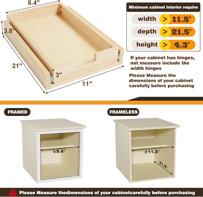 Pull Out Cabinet Organizer, 11''W×21''D Sliding Drawers for Cabinets, Soft Close Slide Out Wooden Pull out Drawers, Base Cabinet Organization for Kitchen, Pantry, Bathroom - Image 3