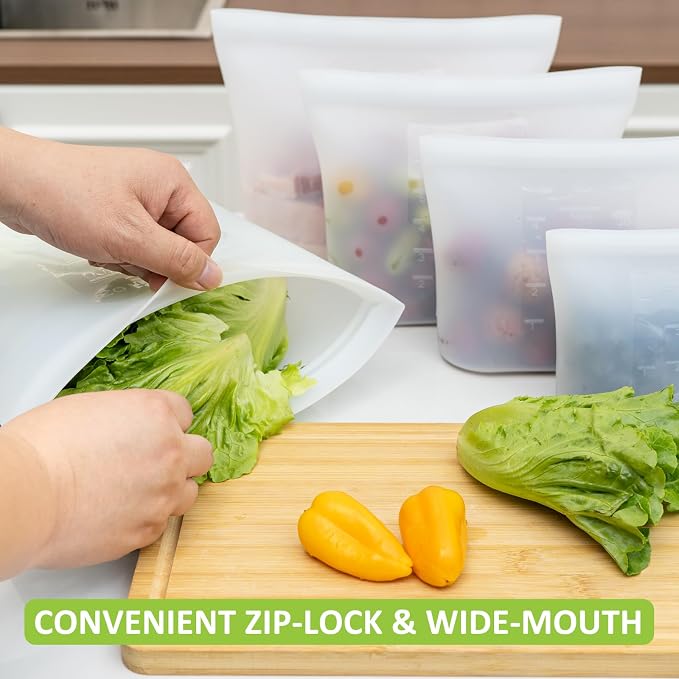 100% Silicone Reusable Storage Bag, 9 Pack Stand-Up Wide-Mouth Zip-Lock Food Storage Bags, Easy-Fill Easy-Open Easy-Clean Space-Saving, Microwave & Dishwasher Safe, 1 XL/3 L/1 M/3 S/1 XS, Translucent - Image 4