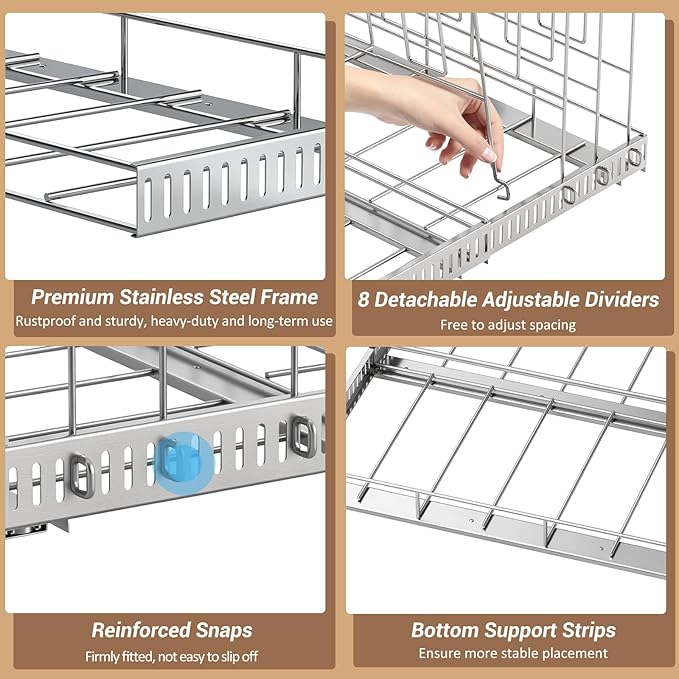 Housolution Pull Out Baking Tray and Cookie Sheet Cutting Board Organizer | 13"-22" Expandable, 21.5" Deep, 8 Adjustable Dividers, Slide Rail Design, Stainless Steel Structure, Adhesive/Screw Fixing - Image 6