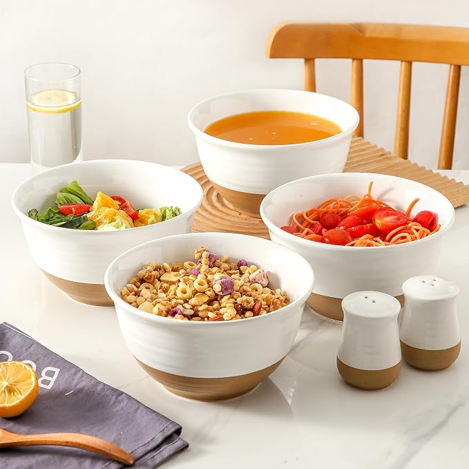 HASENSE Large Ceramic Soup Bowls Set of 4, 40 Oz 7 Inch White & Terracotta Stoneware Mixing Bowls, Farmhouse Bowls for Cereal, Salad, Pasta & Ramen, Dishwasher & Microwave Safe - Image 4