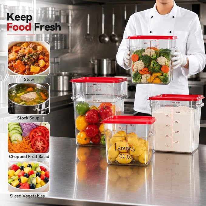 4 Pack Food Storage Containers with Red Lids, 18.0 Qt - Square, Clear, Polycarbonate, for Restaurant Commercial Kitchen and Home party - Image 7
