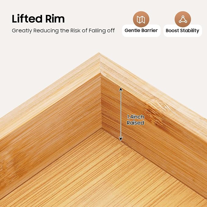 4 Pack Bamboo Serving Tray with Handles Kitchen Large Food Bamboo Tray Couch Tray Tea Decorative Serving Pallet for Dinner, Breakfast, Table Snack, 18.1×13×1.4In - Image 7