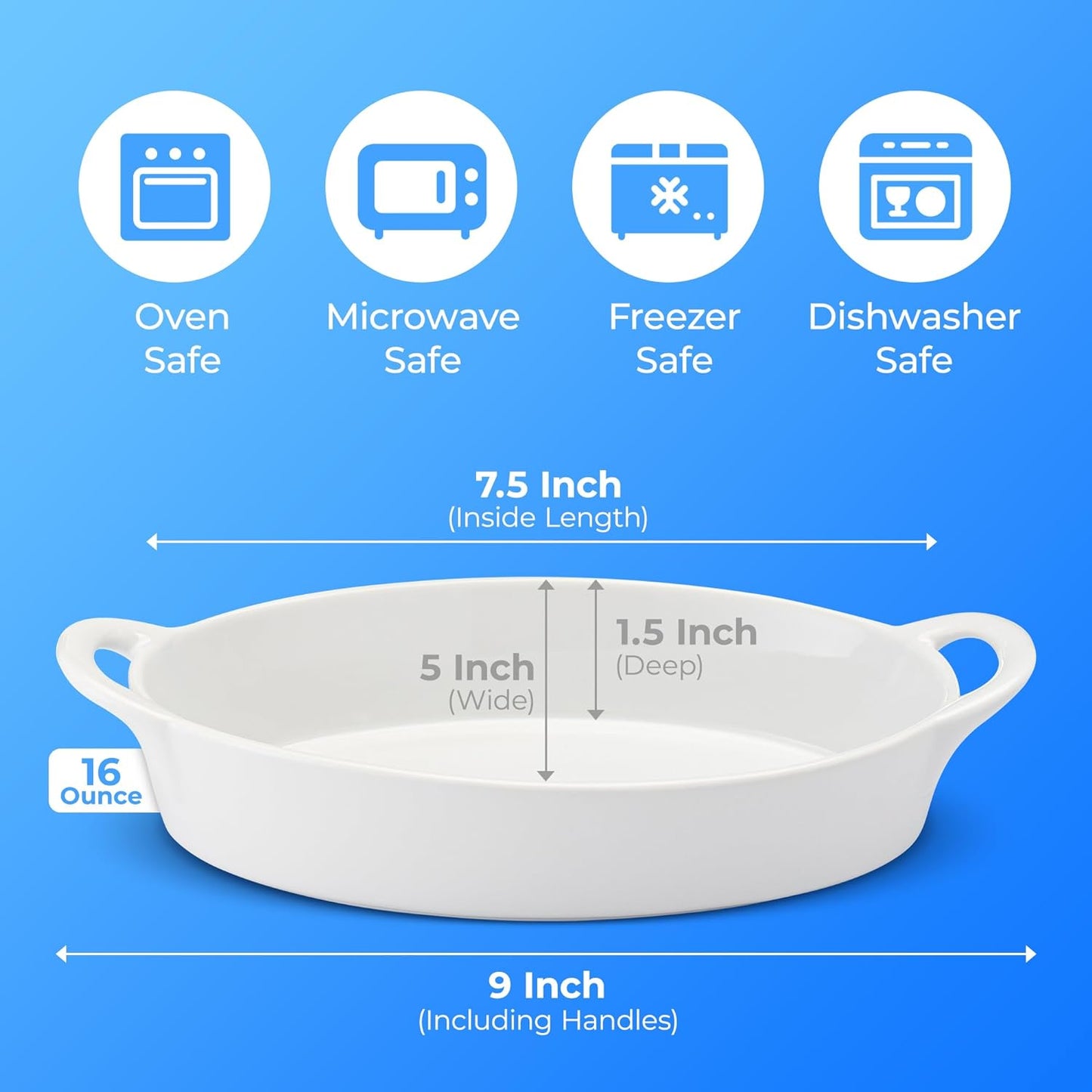 Oval Au Gratin Baking Dishes for Oven Safe and Microwave Cooking and Baking, 4 Pc. Set, Heat Resistant Ceramic with Handles for Serving, Small Mini Casserole Dish, 8" x 5", 16 oz, White