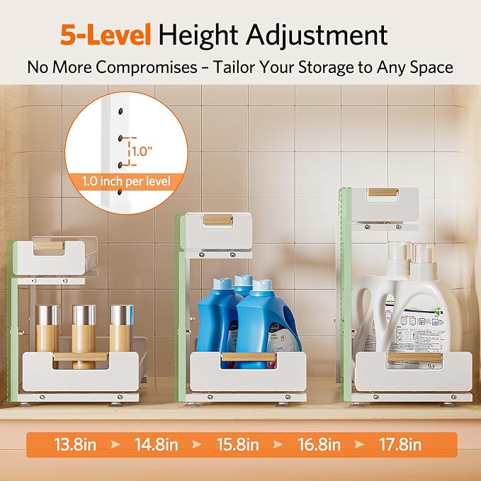 Delamu 2-Pack Under Sink Organizer, 2 Tier Pull out Under the Kitchen Sink Storage, Slide out Cabinet Organizer Shelf, Metal Sliding Drawer for Bathroom Pantry Closet Organization Rack, White - Image 3