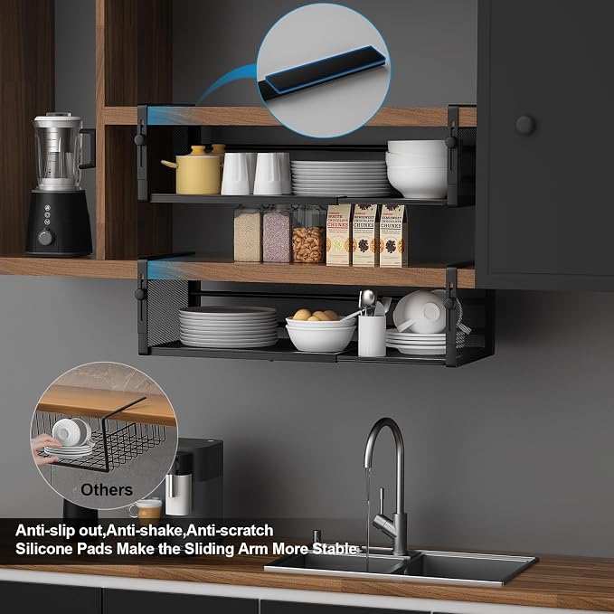 AmonHouseware 2Pack Expandable Under Shelf Storage Basket Organizer,Black | Adjustable Hanging,Length Stretchable14.9-22.6Inch,Under Cabinet Shelf for Laundry Room Kitchen Pantry Desk Counter Cupboard - Image 6