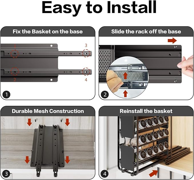 Spice Rack Organizer Drawer Cabinet: Pull Out Spice Seasoning Organization with 20 Jars - Facing Left or Right with Labels and Chalk Maker 4 Tier Slide Out Kitchen Storage for Countertop Wall Mount - Image 6