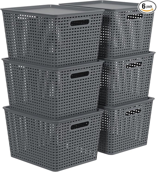 6-Pack Large Plastic Storage Baskets with Lid, Stackable Bins | 13.98" x 11.57" x 8.66", Organizer Bins for Office, Bathroom, Kitchen, Pantry, Gray by Unknown
