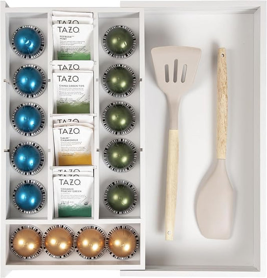 Tea Bag & Coffee Pod Organizer, 9.7-17 in, White Bamboo | 10 storage compartments, adjustable wall inserts, non-slip feet, food-safe by KitchenEdge