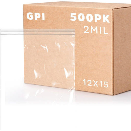 GPI Pack of 500, 12" X 15" Clear Plastic Reclosable Zip Bags - Bulk 2 Mil Thick Strong & Durable Poly Baggies with Resealable Zip Top Lock for Travel, Storage, Packaging & Shipping
