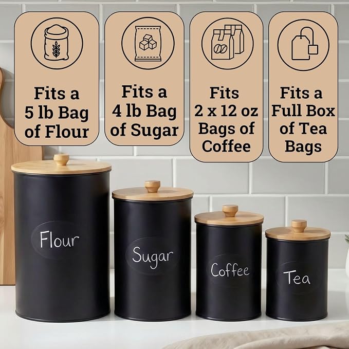 Kitchen Canisters for Countertop Set of 4 w/ Chalkboard Labels & Marker Pen | Airtight Easy Open Bamboo Lids, Dent-Resistant Thick Metal, Customizable Chalkboard Labels, Marker Pen Included, Set of 4 - Image 3