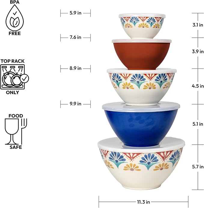 Rio Medallion Stackable Melamine Mixing Bowls with Airtight Lids, Durable Indoor/Outdoor Kitchenware, Shatter-Resistant, Dishwasher Safe for Mixing & Serving, Assorted Colors, Set of 5 - Image 3