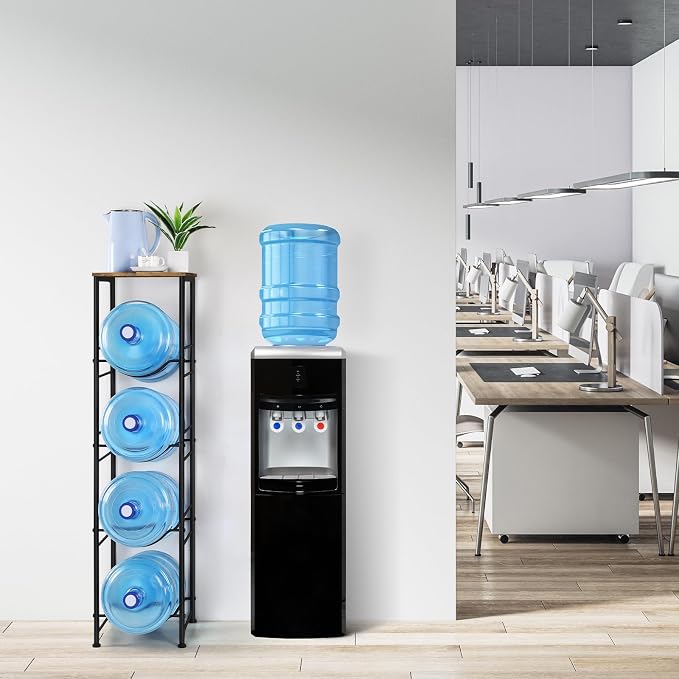 ETELI 5 Gallon Water Bottle Holder Organizer 4 Tier Water Cooler Jug Rack with Storage Shelves Water Bottle Dispenser Stand for Kitchen Living Room Office, Black and Brown - Image 6
