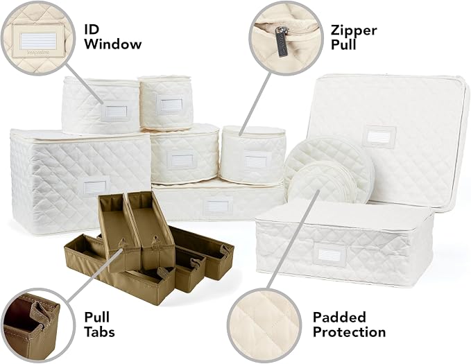 Covermates Keepsakes Dish Storage Set – Padded China & Dinnerware Storage Cases with Dividers, Cup & Stemware Storage, Quilted Polyester Protection, ID Window, Cream - Image 5