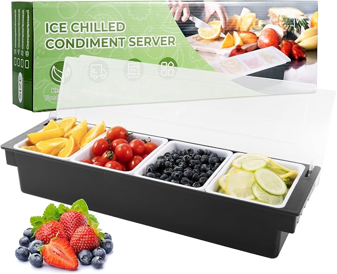 WICHEMI Ice Chilled Condiment Caddy with 4 Removable Trays and Lids | Condiment Container, Taco Bar Serving Tray, Fruit & Garnish Trays Serving Platter for Salad, Party Supplies & Bar Accessories by WICHEMI