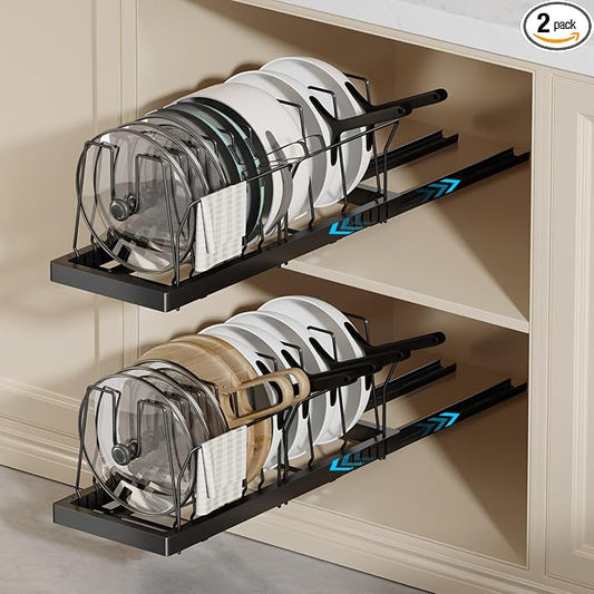 Magheo 2 Pack Pots and Pans Organizer Under Cabinet, 22" Deep Expandable Pull Out Pot Lid Organizer and Storage with 10 Adjustable Dividers No Drill Pot and Pan Holder Rack with Handle Bracket(Black) by MAGHEO