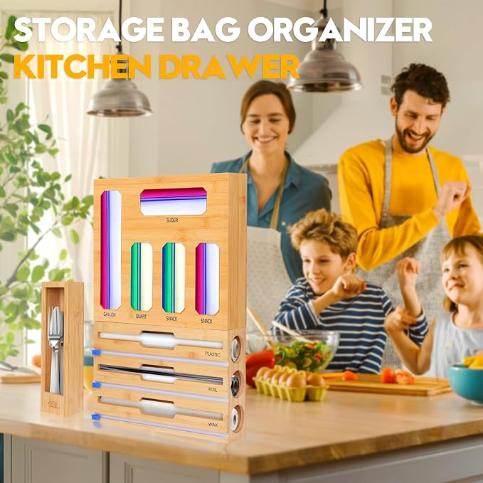 Bamboo Ziplock Bag Organizer for Kitchen Drawer & Wall Mount, Food Storage Baggie Holder, Fits Gallon Quart Sandwich Snack Freezer & Slider Bags, No Assembly, 9 in 1,Natural Color - Image 7