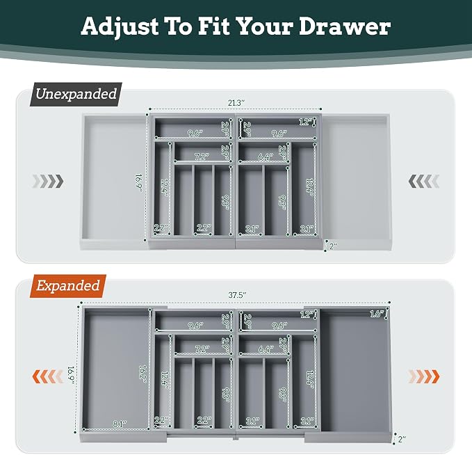 Magnetic Expandable Silverware Drawer Organizer, 13 Slots Utensil Gray | Magnetic Connected, Expandable 21-37.4 Inch, 13 Divided Slots, Gray Cutlery Utensil Organize Kitchen - Image 4