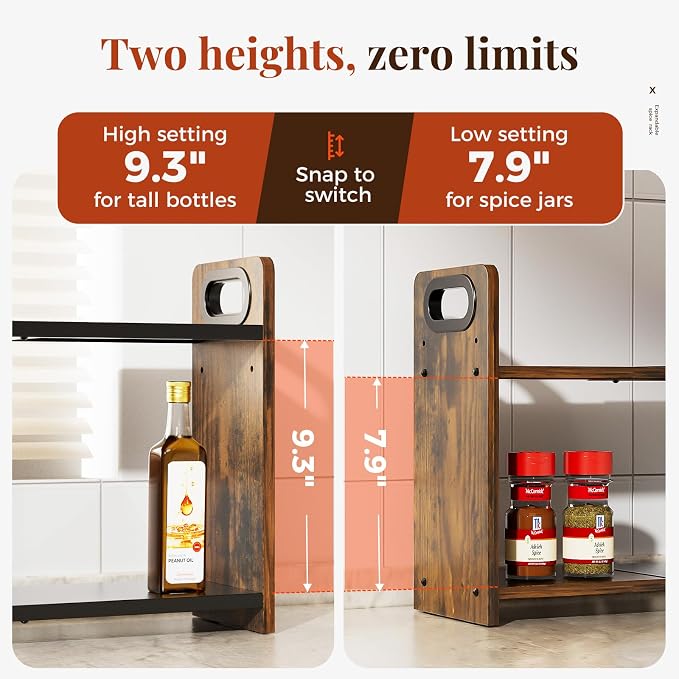 2-Tier Expandable Spice Rack Organizer for Countertop, 10.6"-17.3" | Metal & Wood ,Adjustable Height Spice Racks Shelf for Counter Cabinet Coffee Station, Space-saving Kitchen Storage Shelves - Image 3
