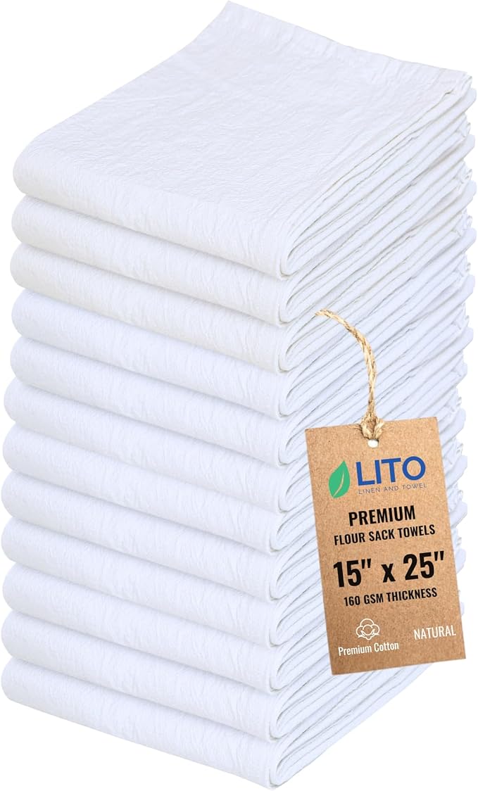 Flour Sack Towels | Tea Towel for Crafts| Kitchen Dish Cotton Blank Towel for Embroidery| Baking Bread Proofing Linen Cover| Thick Absorbent Quick Dry| 12 Pack 15"x 25" Natural by LITOLinenandTowel