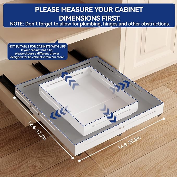 Pull out Cabinet Organizer, Full Metal Expandable Width (14.8"-20.8") & Depth (12.4"-17.7") Adjustable Slide out Drawers, No Drill Adhesive Roll out Shelves for Kitchen Pantry, White - Image 2