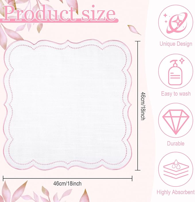 Hahafelt Cloth Napkins 18x18inches Scalloped Embroidery Cloth Napkins Washable Polyester Table Dinner for Hotel Restaurant Weddings Events Parties (Light Pink,12 Set) - Image 2