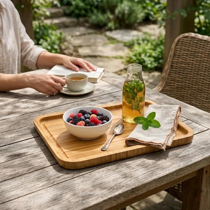 Bamber Large Size Bamboo Serving Tray, Rectangular, 15.5 x 11.8 x 0.8 Inches - Image 5