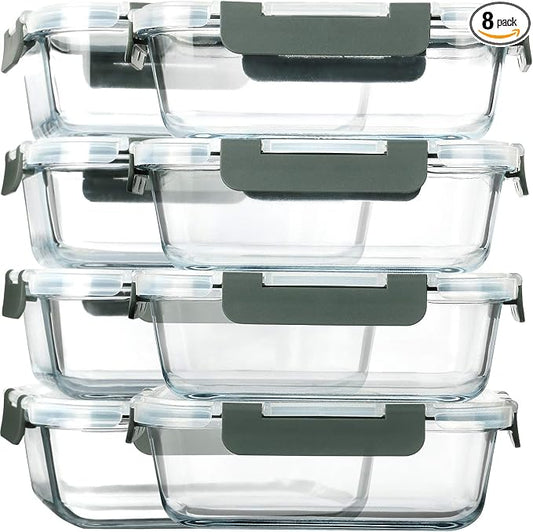 M MCIRCO 8 Pack,30 oz Glass Food Storage Containers with Lids, Gray | Glass Meal Prep Containers,Airtight Lunch Containers with Lids, Microwave, Oven, Freezer and Dishwasher Friendly, BPA Free by MMCIRCO