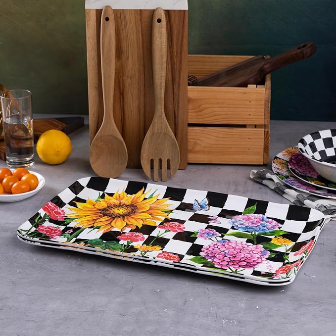 LEHAHA Rectangular Melamine Sunflower Serving Tray, 2-Piece Hydrangea Serving Platter Set, 17.5" x 10" Colorful Trays/Platters Sets for Outdoor and Indoor Dining and Entertaining Parties,Black Plaid - Image 5