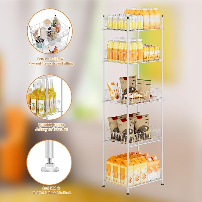 ETELI Water Bottle Storage Organizer 5 Tier Metal Water Bottle Holder Shelf Drink Beverage Soda Can Organizer Rack Bottled Water Stand for Floor Classroom Kitchen Food Storage, Silver - Image 4
