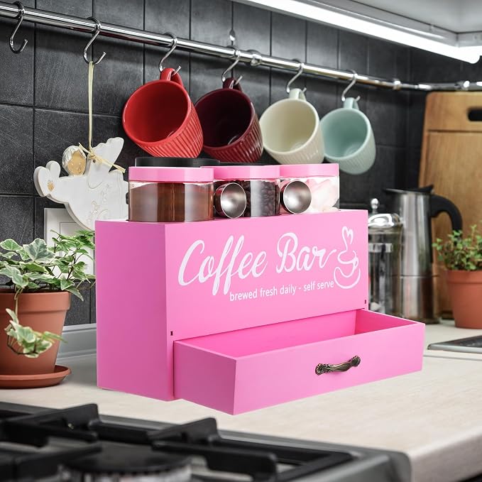 3 Pcs Coffee Bar Containers Set Include Coffee Sugar Container with Lid and Spoon and Double Layer Storage Box with Drawer for Bar Kitchen Countertop(Pink) - Image 6